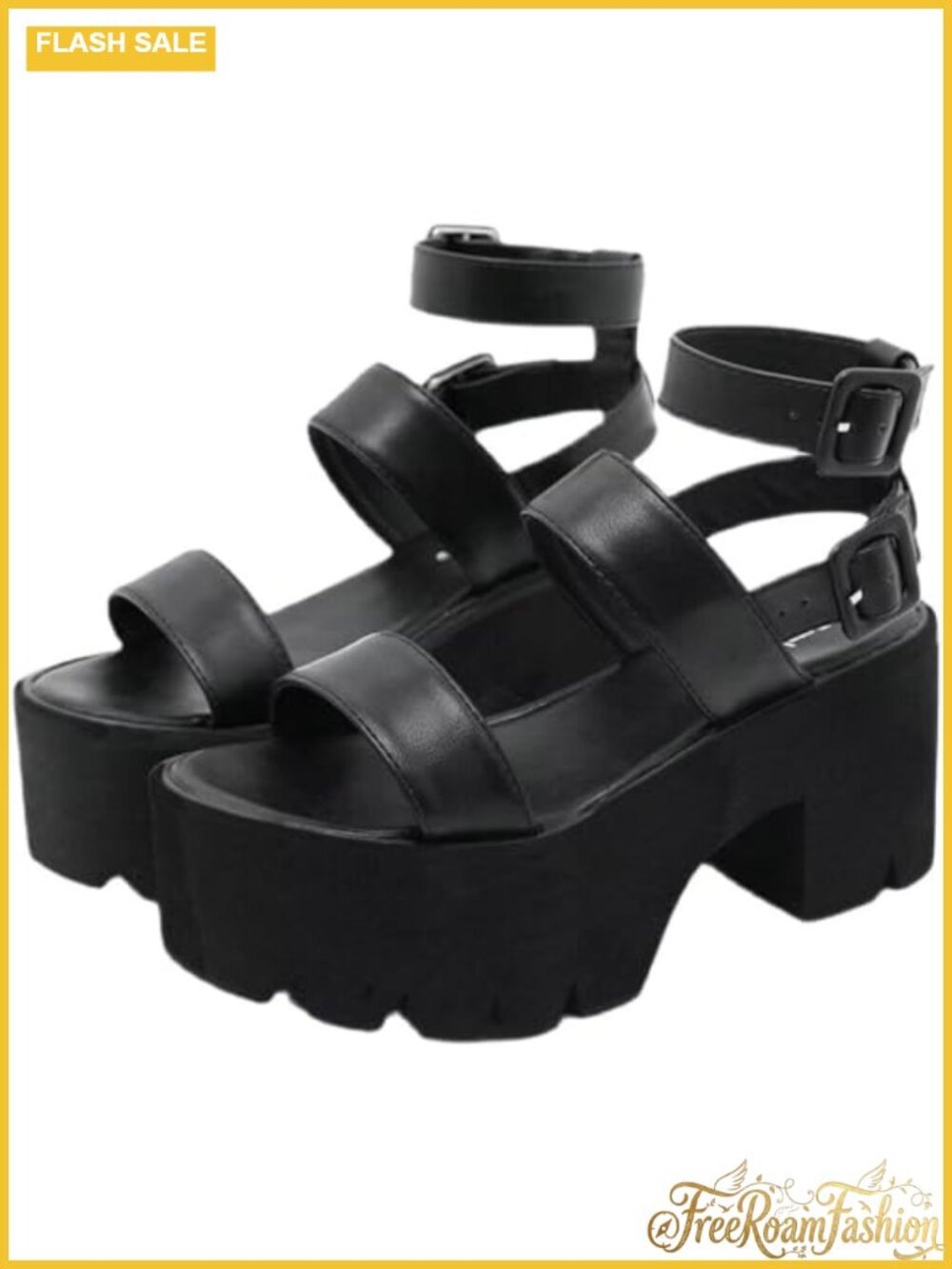 Goth Platform Heeled Sandals Ankle Strap Chunky Open Toe Faux Leather